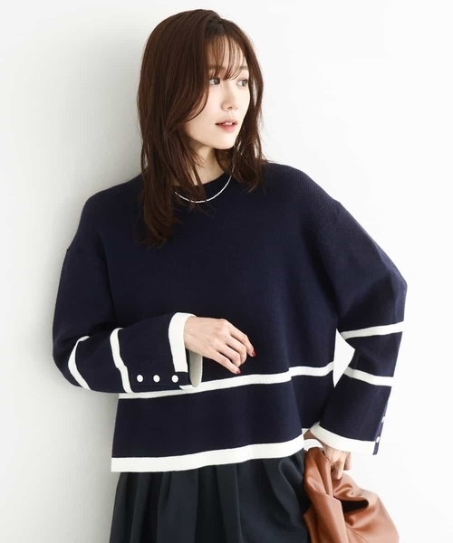 MK MICHEL KLEIN(エムケーミッシェルクラン)の「配色ライン片畦編みニット/洗える(ニット/セーター・レディース・グレー/アイボリー/ネイビー/ライトブルー/ホワイト/ネイビー系・38)」の5枚目の写真