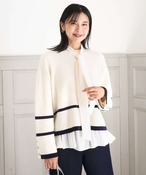 MK MICHEL KLEIN(エムケーミッシェルクラン)の「配色ライン片畦編みニット/洗える(ニット/セーター・レディース・グレー/アイボリー/ネイビー/ライトブルー/ホワイト/ネイビー系・38)」の1枚目の写真