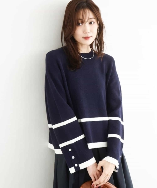 MK MICHEL KLEIN(エムケーミッシェルクラン)の「配色ライン片畦編みニット/洗える(ニット/セーター・レディース・グレー/アイボリー/ネイビー/ライトブルー/ホワイト/ネイビー系・38)」の7枚目の写真