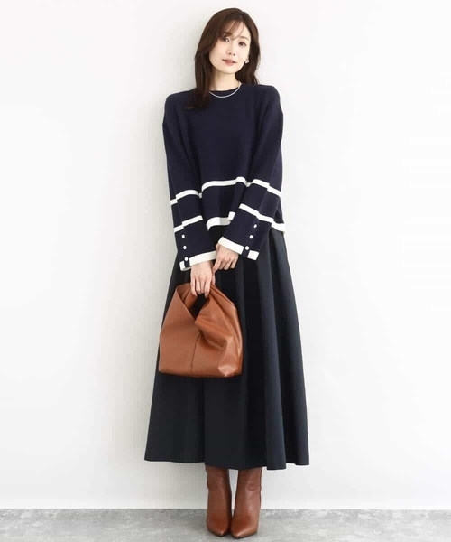 MK MICHEL KLEIN(エムケーミッシェルクラン)の「配色ライン片畦編みニット/洗える(ニット/セーター・レディース・グレー/アイボリー/ネイビー/ライトブルー/ホワイト/ネイビー系・38)」の8枚目の写真