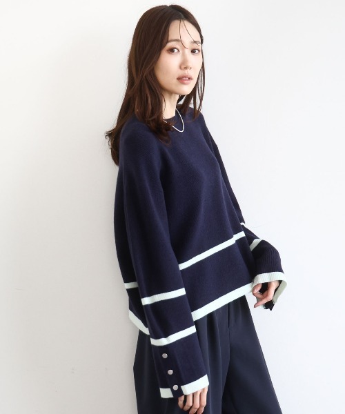 MK MICHEL KLEIN(エムケーミッシェルクラン)の「配色ライン片畦編みニット/洗える(ニット/セーター・レディース・グレー/アイボリー/ネイビー/ライトブルー/ホワイト/ネイビー系・38)」の6枚目の写真