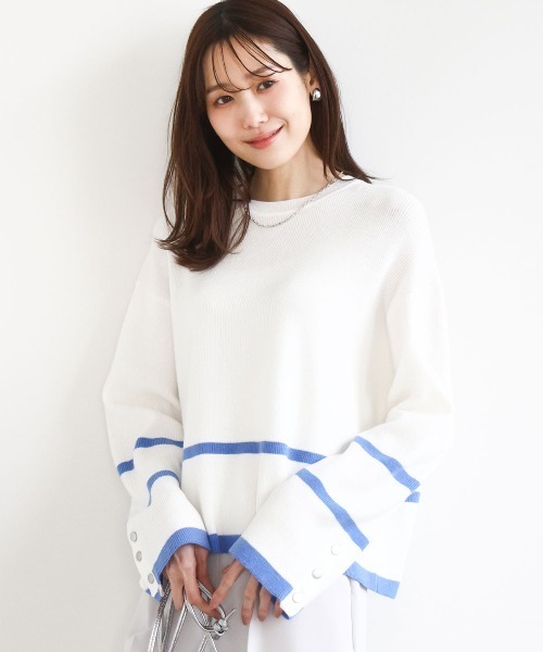MK MICHEL KLEIN(エムケーミッシェルクラン)の「配色ライン片畦編みニット/洗える(ニット/セーター・レディース・グレー/アイボリー/ネイビー/ライトブルー/ホワイト/ネイビー系・38)」の2枚目の写真