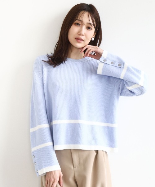 MK MICHEL KLEIN(エムケーミッシェルクラン)の「配色ライン片畦編みニット/洗える(ニット/セーター・レディース・グレー/アイボリー/ネイビー/ライトブルー/ホワイト/ネイビー系・38)」の4枚目の写真