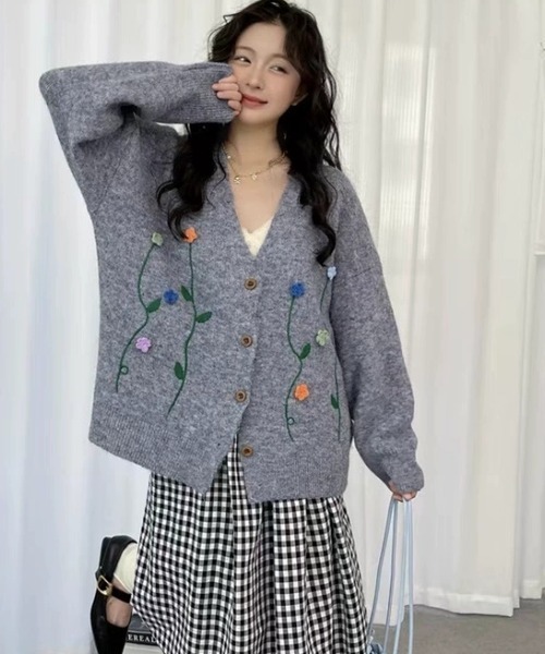 セール】花柄Vネックニットカーディガン（カーディガン/ボレロ