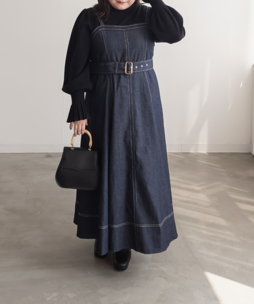 CLETTE（クレット）の「配色ステッチデニムフレアワンピース（ワンピース・レディース・ネイビー・LL/3L/4L）」の4枚目の写真