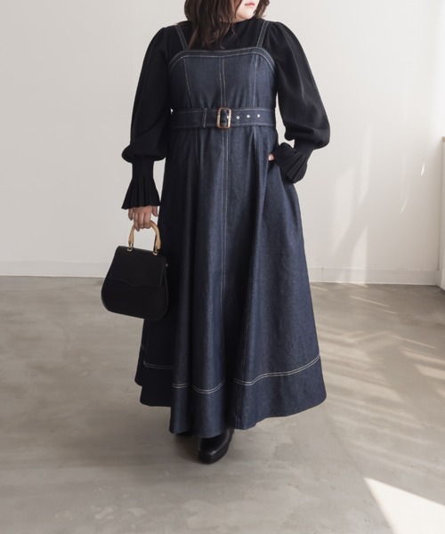 CLETTE（クレット）の「配色ステッチデニムフレアワンピース（ワンピース・レディース・ネイビー・LL/3L/4L）」の5枚目の写真