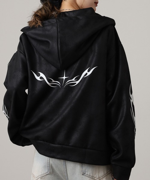 Ed Hardy（エドハーディー）の「ED HARDY PU風スウェードタッチダンボール トライバル刺繍ダブルZIPパーカー（パーカー・メンズ・ブラック・M/L）」の9枚目の写真