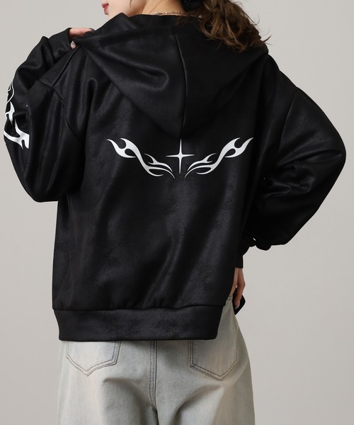 Ed Hardy（エドハーディー）の「ED HARDY PU風スウェードタッチダンボール トライバル刺繍ダブルZIPパーカー（パーカー・メンズ・ブラック・M/L）」の10枚目の写真