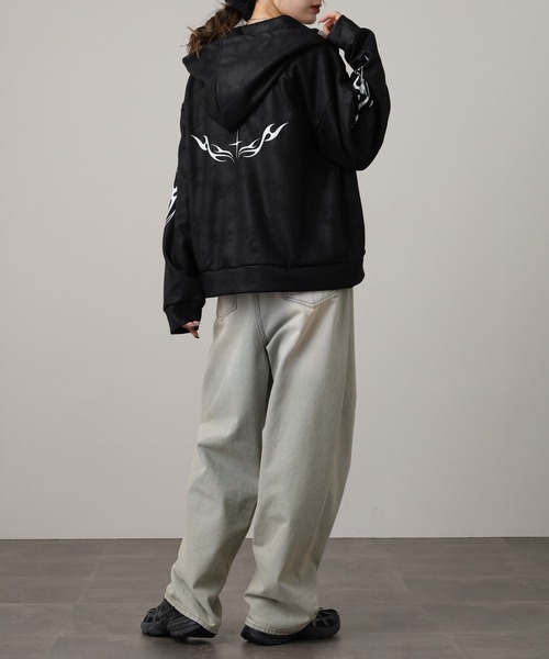 Ed Hardy（エドハーディー）の「ED HARDY PU風スウェードタッチダンボール トライバル刺繍ダブルZIPパーカー（パーカー・メンズ・ブラック・M/L）」の12枚目の写真