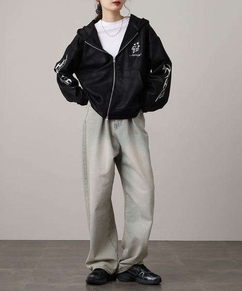 Ed Hardy（エドハーディー）の「ED HARDY PU風スウェードタッチダンボール トライバル刺繍ダブルZIPパーカー（パーカー・メンズ・ブラック・M/L）」の11枚目の写真