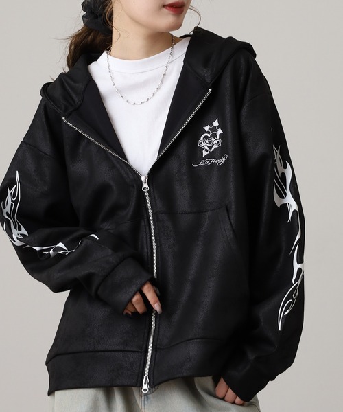 Ed Hardy（エドハーディー）の「ED HARDY PU風スウェードタッチダンボール トライバル刺繍ダブルZIPパーカー（パーカー・メンズ・ブラック・M/L）」の6枚目の写真