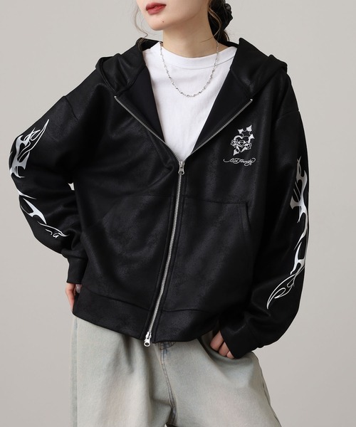 Ed Hardy（エドハーディー）の「ED HARDY PU風スウェードタッチダンボール トライバル刺繍ダブルZIPパーカー（パーカー・メンズ・ブラック・M/L）」の7枚目の写真