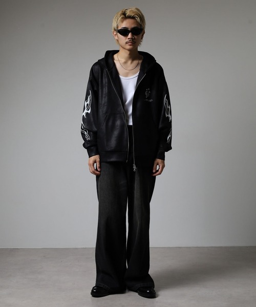 Ed Hardy（エドハーディー）の「ED HARDY PU風スウェードタッチダンボール トライバル刺繍ダブルZIPパーカー（パーカー・メンズ・ブラック・M/L）」の17枚目の写真