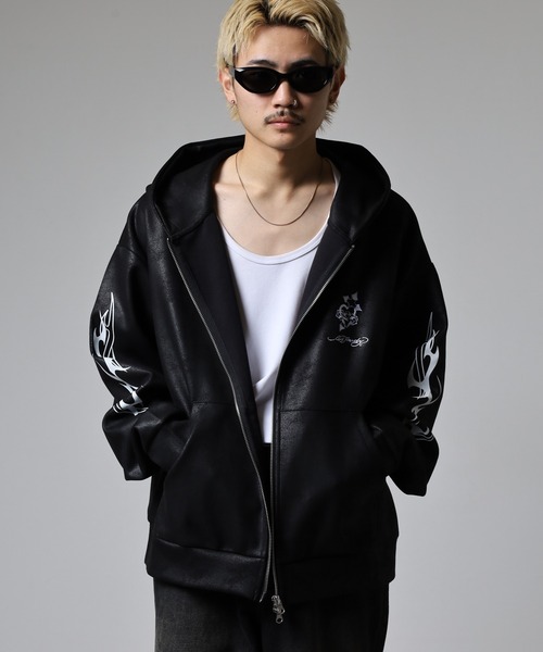 Ed Hardy（エドハーディー）の「ED HARDY PU風スウェードタッチダンボール トライバル刺繍ダブルZIPパーカー（パーカー・メンズ・ブラック・M/L）」の13枚目の写真