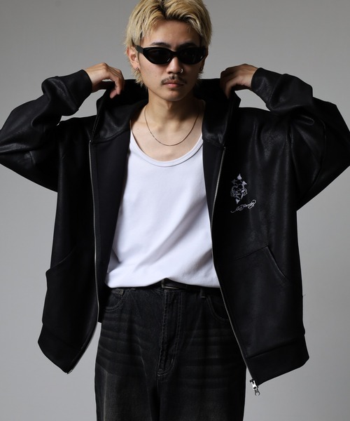 Ed Hardy（エドハーディー）の「ED HARDY PU風スウェードタッチダンボール トライバル刺繍ダブルZIPパーカー（パーカー・メンズ・ブラック・M/L）」の14枚目の写真