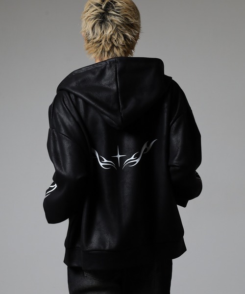 Ed Hardy（エドハーディー）の「ED HARDY PU風スウェードタッチダンボール トライバル刺繍ダブルZIPパーカー（パーカー・メンズ・ブラック・M/L）」の16枚目の写真