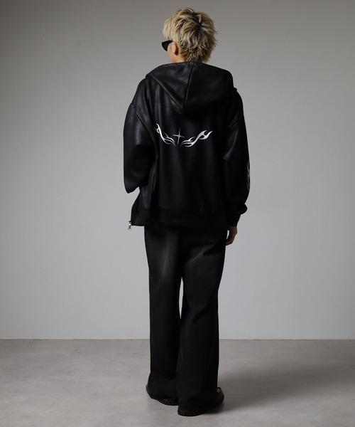 Ed Hardy（エドハーディー）の「ED HARDY PU風スウェードタッチダンボール トライバル刺繍ダブルZIPパーカー（パーカー・メンズ・ブラック・M/L）」の18枚目の写真