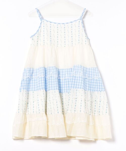 SPINNS（スピンズ）の「ミニキャミワンピース/つぎはぎティアード/チェック/花柄/レース/NEO森ガール（ワンピース・レディース・ブルー・ONESIZE）」の2枚目の写真