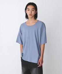 リラックスドCRスクープネックTシャツ[ブルーグレー]