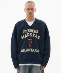 TAKEASY（テイクイージー）の「Marsyas V-neck cut-out oversized man-to-man (dark navy)（スウェット・メンズ）」