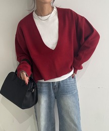 【再入荷】ディープVネックソフトニット(chiica original) / クロップド ショート 深Vネック レイヤード バイカラー 赤ニット 配色 赤 レッド 黒 ブラック グレー