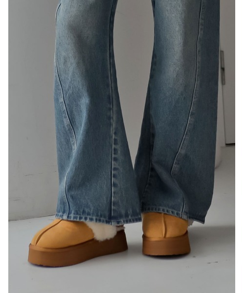 Re:EDIT（リエディ）の「[大きいサイズ有]ステッチムートン厚底ショートブーツ（スリッポン・レディース・ブラック/キャメル・SMALL/MEDIUM/LARGE/X-LARGE/XX-LARGE）」の4枚目の写真