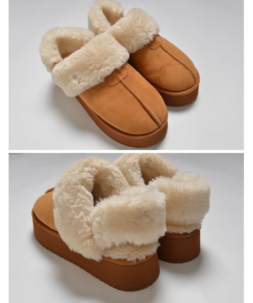 Re:EDIT（リエディ）の「[大きいサイズ有]ステッチムートン厚底ショートブーツ（スリッポン・レディース・ブラック/キャメル・SMALL/MEDIUM/LARGE/X-LARGE/XX-LARGE）」の3枚目の写真