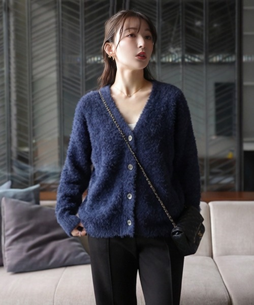 【高級素材】Maglia Plus ラクーン カーディガン ふわふわ 紺配色 高級素材】Maglia Plus ラクーン カーディガン ふわふわ 紺配色