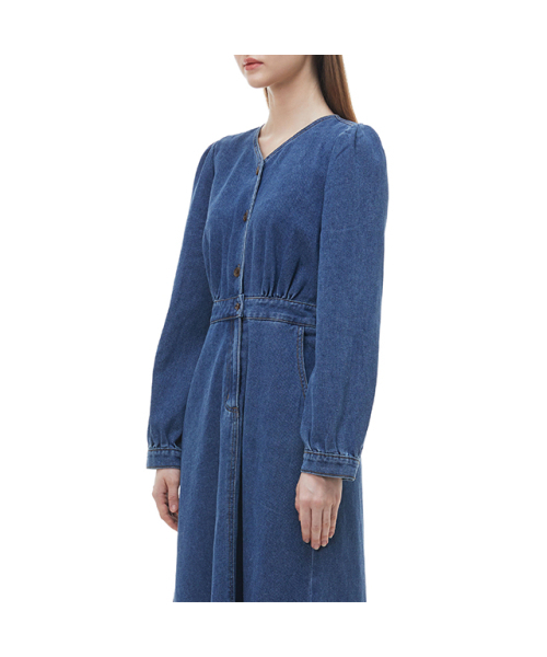 PLASTIC ISLAND(プラスティックアイランド)の「Back smoking semi-open flare denim one-piece PP3DO402(ワンピース・レディース・ダークブルー・SMALL/MEDIUM/X-SMALL)」の4枚目の写真