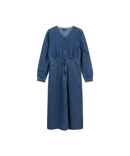 PLASTIC ISLAND(プラスティックアイランド)の「Back smoking semi-open flare denim one-piece PP3DO402(ワンピース・レディース・ダークブルー・SMALL/MEDIUM/X-SMALL)」の6枚目の写真