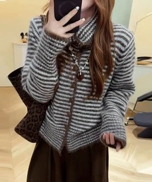 LADY LIKE（レディライク）の「【秋冬新作】ギザギザボーダー柄襟付きカーディガン（カーディガン/ボレロ）」