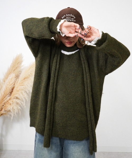 gossara（ゴサラ）の「マフラー付きVネックニット（ニット/セーター・レディース・ブラウン/グレー/カーキ・FREE）」の10枚目の写真