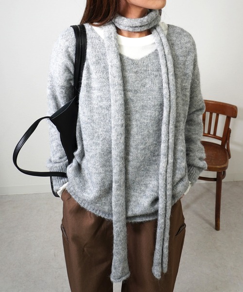 gossara（ゴサラ）の「マフラー付きVネックニット（ニット/セーター・レディース・ブラウン/グレー/カーキ・FREE）」の16枚目の写真