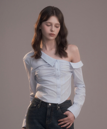Cut-Out Shirring Shirt - Sky Blue