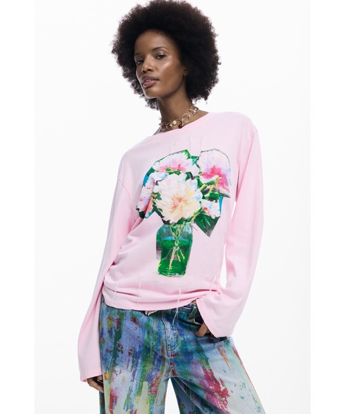 Desigual（デシグアル）の「フラワープリント長袖ニット Tシャツクルーネック ピンク（Tシャツ/カットソー・レディース・レッド・S/M/L/XL）」の3枚目の写真
