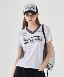 OURSAYSOUR（アワーセイアワー）の「スポーティー切り替え配色パイピング半袖Tシャツホワイト/チャコール（Tシャツ/カットソー）」