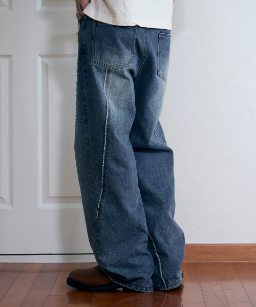 セール】カットオフウェイビーカーブワイドデニム [MID BLUE]（デニム