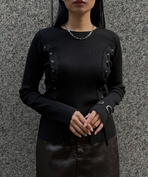 &g'aime(アンジェム)の「【&g'aime 】 レースアップリブニット lace-up ribbed knit top(ニット/セーター・レディース・ブラック/アイボリー/ブルー・FREE)」の16枚目の写真