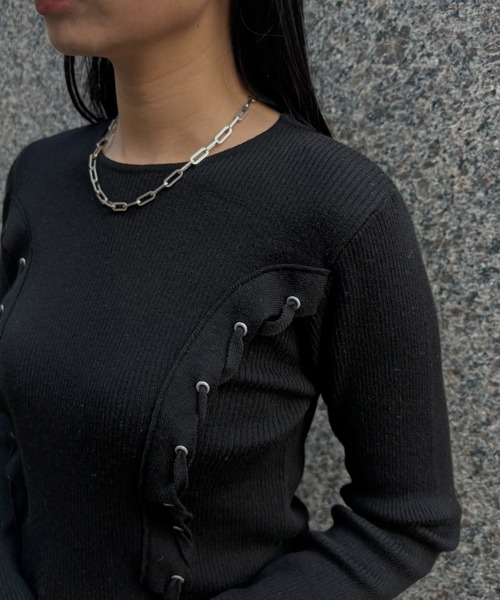 &g'aime(アンジェム)の「【&g'aime 】 レースアップリブニット lace-up ribbed knit top(ニット/セーター・レディース・ブラック/アイボリー/ブルー・FREE)」の19枚目の写真
