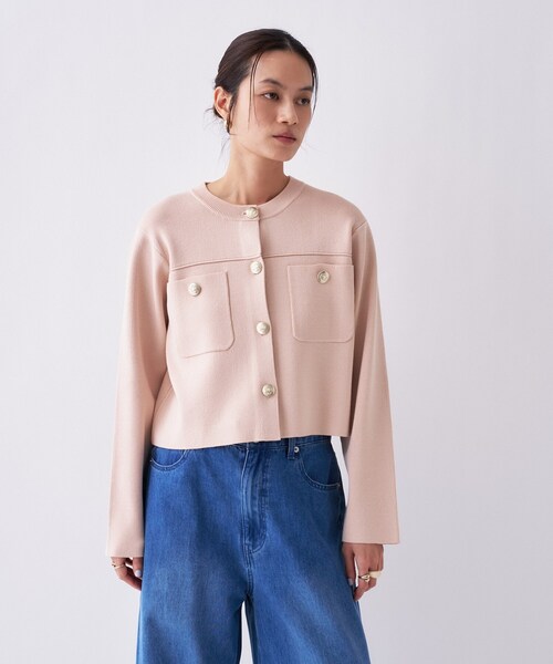 cloenc(クロエンス)の「【軽羽織り/手洗い可】ノーカラーニットカーディガン(カーディガン/ボレロ・レディース・ネイビー/ホワイト/ピンク・02)」の3枚目の写真