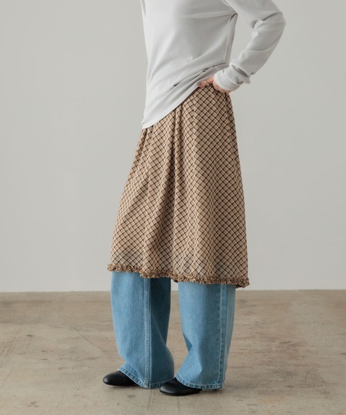LOWRYS FARM（ローリーズファーム）の「シアーチェックミディスカート　637548（スカート・レディース・ベージュ/グレー・FREE）」の2枚目の写真