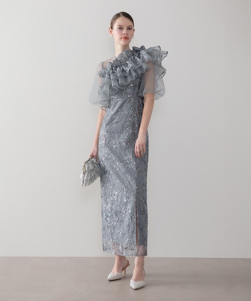 LEJA】3WAYチュールラッフルフラワースパンコールIラインワンピース