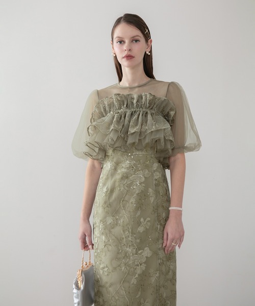 Leja（レジャ）の「【LEJA】3WAYチュールラッフルフラワースパンコールIラインワンピースドレス2点セット 美脚効果結婚式 パーティードレス 成人式 二次会 同窓会 お呼ばれ オケージョン 20代 30代（ドレス・レディース・グレイッシュブルー/グリーン・SMALL/MEDIUM）」の10枚目の写真