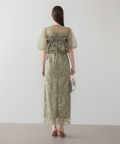 Leja（レジャ）の「【LEJA】3WAYチュールラッフルフラワースパンコールIラインワンピースドレス2点セット 美脚効果結婚式 パーティードレス 成人式 二次会 同窓会 お呼ばれ オケージョン 20代 30代（ドレス・レディース・グレイッシュブルー/グリーン・SMALL/MEDIUM）」の19枚目の写真