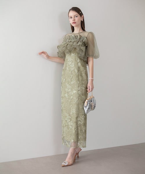 Leja（レジャ）の「【LEJA】3WAYチュールラッフルフラワースパンコールIラインワンピースドレス2点セット 美脚効果結婚式 パーティードレス 成人式 二次会 同窓会 お呼ばれ オケージョン 20代 30代（ドレス・レディース・グレイッシュブルー/グリーン・SMALL/MEDIUM）」の8枚目の写真