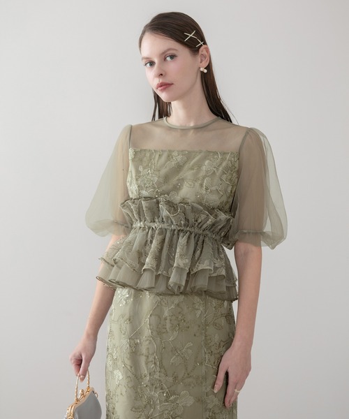 Leja（レジャ）の「【LEJA】3WAYチュールラッフルフラワースパンコールIラインワンピースドレス2点セット 美脚効果結婚式 パーティードレス 成人式 二次会 同窓会 お呼ばれ オケージョン 20代 30代（ドレス・レディース・グレイッシュブルー/グリーン・SMALL/MEDIUM）」の18枚目の写真