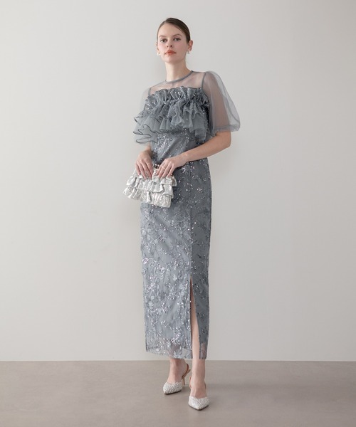 Leja（レジャ）の「【LEJA】3WAYチュールラッフルフラワースパンコールIラインワンピースドレス2点セット 美脚効果結婚式 パーティードレス 成人式 二次会 同窓会 お呼ばれ オケージョン 20代 30代（ドレス・レディース・グレイッシュブルー/グリーン・SMALL/MEDIUM）」の16枚目の写真