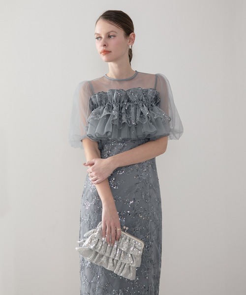 Leja（レジャ）の「【LEJA】3WAYチュールラッフルフラワースパンコールIラインワンピースドレス2点セット 美脚効果結婚式 パーティードレス 成人式 二次会 同窓会 お呼ばれ オケージョン 20代 30代（ドレス・レディース・グレイッシュブルー/グリーン・SMALL/MEDIUM）」の15枚目の写真