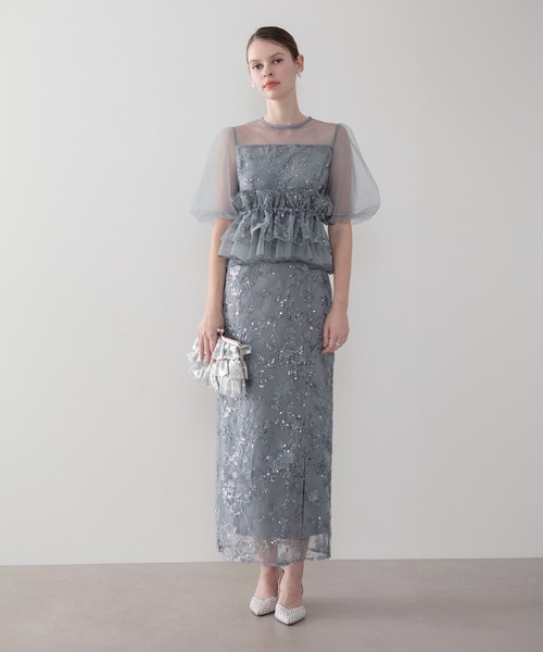 【LEJA】シアーパフスリーブペプラムスパンコール花柄Iラインドレス LEJA】3WAYチュールラッフルフラワースパンコールIラインワンピース