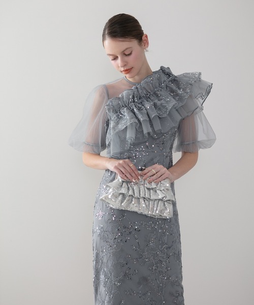 Leja（レジャ）の「【LEJA】3WAYチュールラッフルフラワースパンコールIラインワンピースドレス2点セット 美脚効果結婚式 パーティードレス 成人式 二次会 同窓会 お呼ばれ オケージョン 20代 30代（ドレス・レディース・グレイッシュブルー/グリーン・SMALL/MEDIUM）」の12枚目の写真